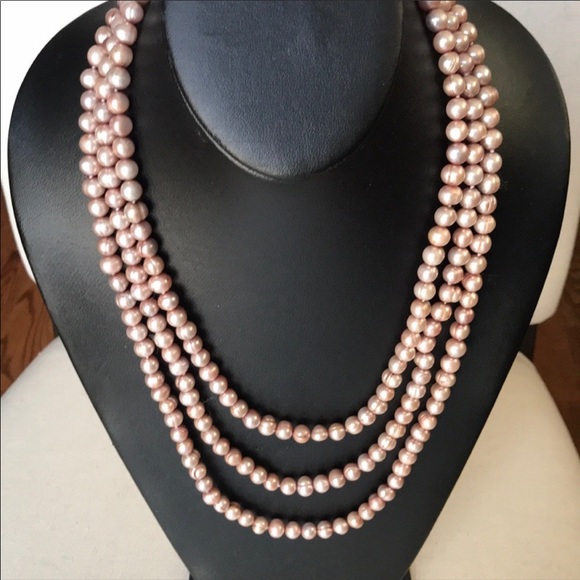 72” continuous genuine freshwater pearl necklace in pale pink. - Picture 2 of 5